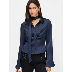 Cider Satin Polo Ruched Bell Sleeve Blouse With Scarf