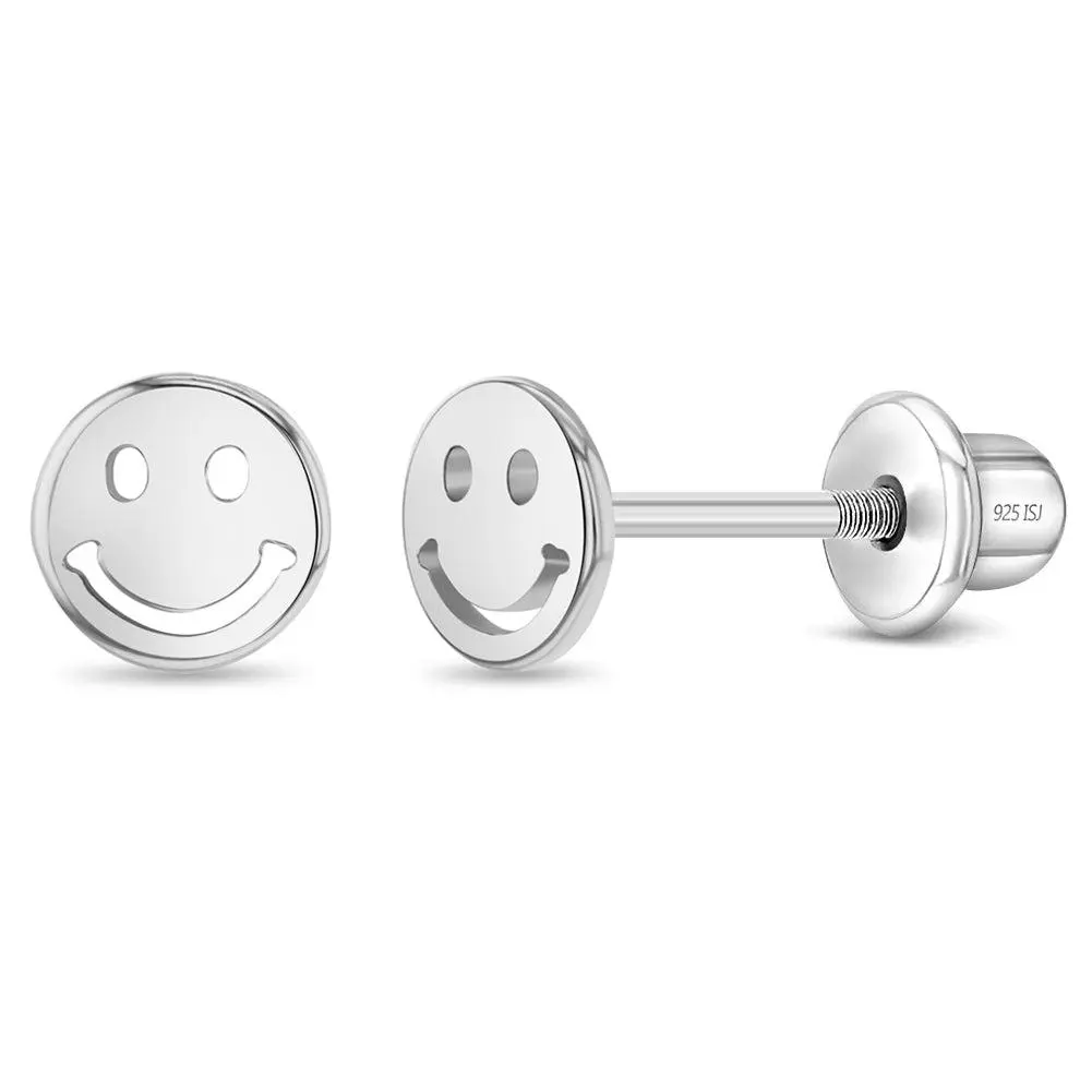Polished Smiling Face Kids / Children's / Girls Earrings Screw Back - Sterling Silver
