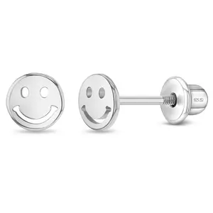 Polished Smiling Face Kids / Children's / Girls Earrings Screw Back - Sterling Silver