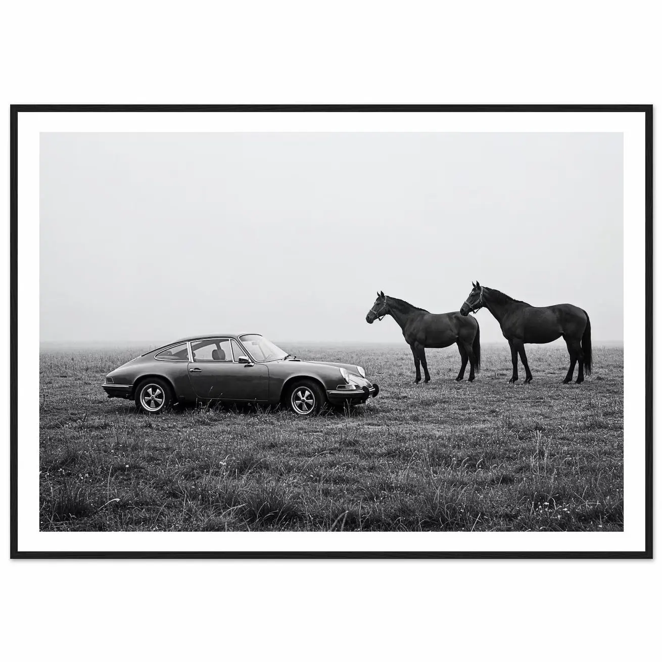 Vintage Car and Horses Art Print, Black and White Classic Automotive Wall Decor U