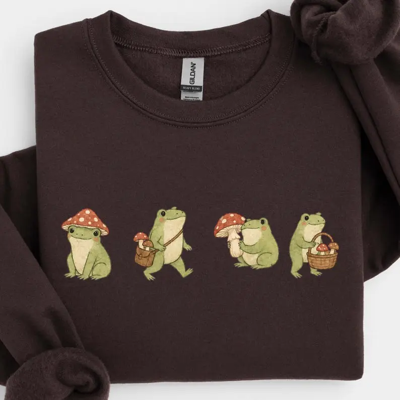 Mushroom Foraging Frogs Sweatshirt, Cute Cottagecore Frog Crewneck, Woodland Toad Sweater, Forestcore Nature Lover Gift