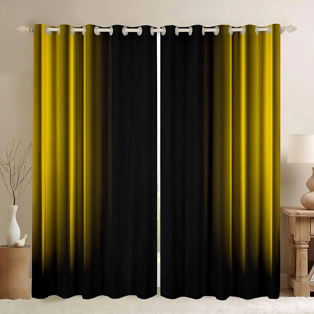 Feelyou Velvet Fabric Curtain Panels - 2 Grommet Colored Curtains with Geometric Abstract Ombre Stripes, Yellow & Black Darkening Window Treatments for Bedroom, Living Room, Home Decoration Curtain