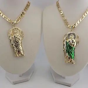 (BBB13)Xlarge san jude 4 inches on gold and green 14K gold laminated  and chain
