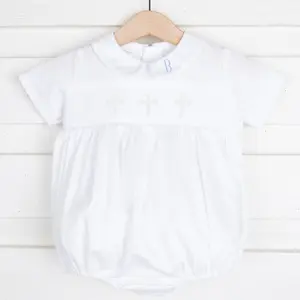 White Cross Smocked Collared Boy Bubble - Classic Boy's Easter or Baptism Outfit
