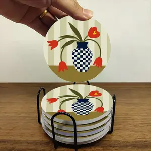6-piece ceramic coaster set, pattern theme - blue and white checkered vase with red tulip illustration, heat-resistant and non-slip coaster with stand, home dining table decoration, beverage mat.