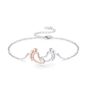 Footprint Bracelet 925 Sterling Silver Rose Gold Baby Feet Adjustable Bracelet for Women Teens Mom Anklet Jewelry Gift for Birthday