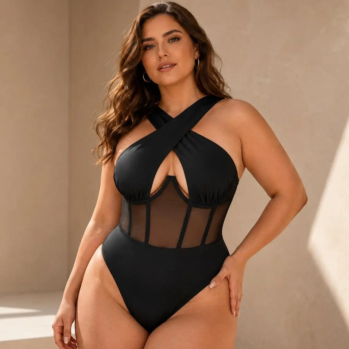 GBELLA Brown Bodysuit for Women – Crisscross Halter Shapewear with Mesh Panel, Heart Cut-Out, Slim Fit Sleeveless Top, Casual & Comfortable Lingerie-Inspired Fashion,Casual Dresses Womenswear Minimalist