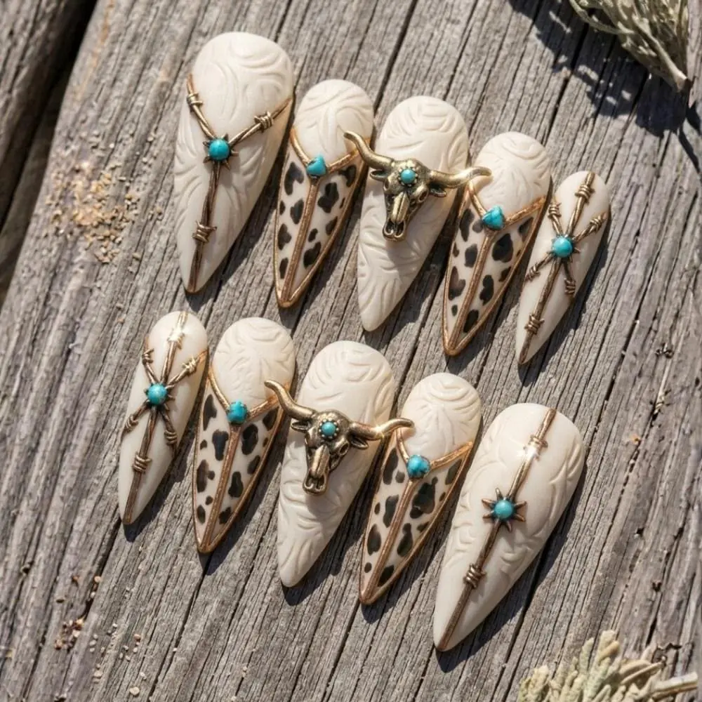 Western 3D Bull Skull Press-On Nails, Turquoise Embossed Leather Southwestern Stiletto Set for Nail Art Decoration