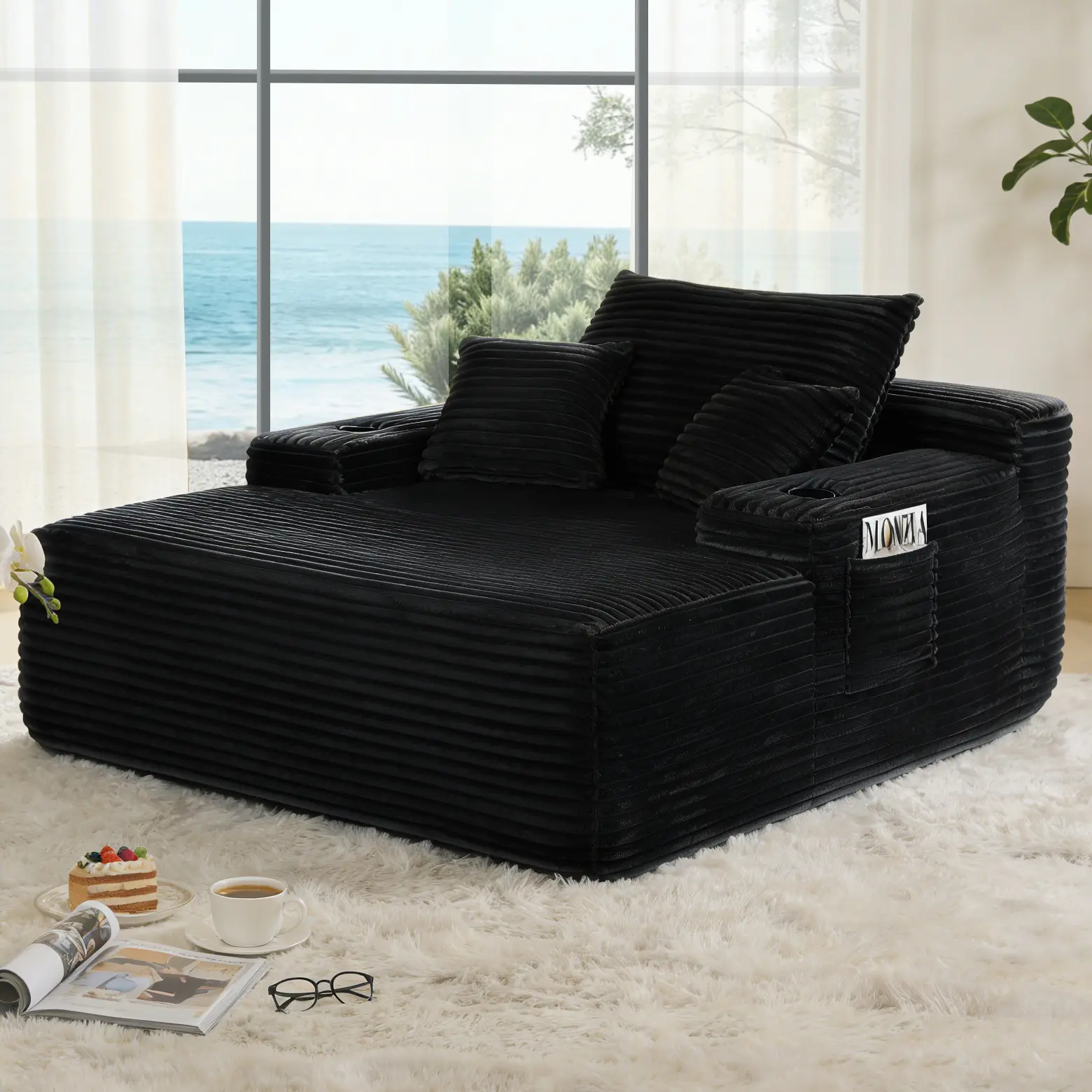 65'' Chaise Lounge Chair Indoor, Oversized Upholstered Boneless Sofa Bed with Cup Holders, Deep Seat Sleeper Couch, Plush Cloud Sofas Couches for Living Room (Corduroy, Black)