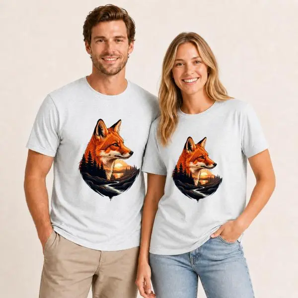 CARPESUN, Vintage Art Style, T-Shirt, Fox Sunset Forest Graphic Print, Soft Cotton Blend, Unisex Casual Wear, Single Pack