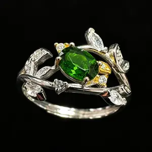 Two-Tone Chrome Diopside Vine 925 Silver Adjustable Ring