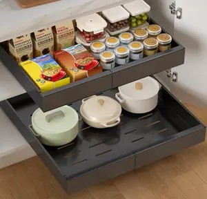 Expandable Pull Out Cabinet Organizer Adhesive,Peel And Stick Slide Out Drawers for Kitchen Cabinets,2pack Cabinet Pull Out Shelves For Kitchen Pantry Organization Adjustable Width 12.4"-20.47" Black