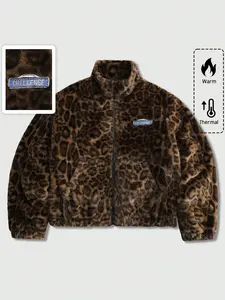 Unisex Leopard Print Fleece Jacket Coat, Fall Winter Warm Fleece, Trendy Versatile, Embroidered Letter Patch, Casual Elegance