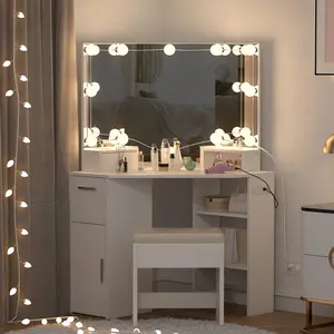 White Corner Vanity Set with Lights, Power Outlet, 2 Drawers & Stool, 3 Lighting Colors