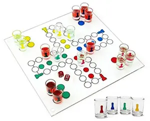 Matty's Toy Stop Ludo Drinking Game (Parcheesi) with 16 Shot Glasses, 2 Dice & Glass Game Board