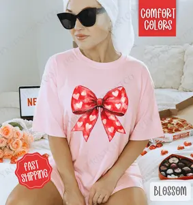 Red Heart Bow Shirt Comfort Colors, Valentine's Day Women's Tee, Holiday Women's Tshirt
