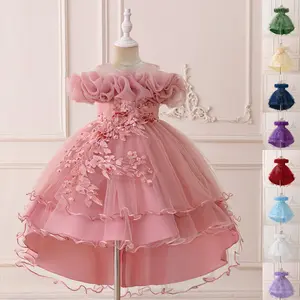 Kids Clothes Pink Sequin 3D Petal Flower Girl Trailing 0031 Ball Gown Children Princess Formal Party Cocktail Summer Dress 4-9Y