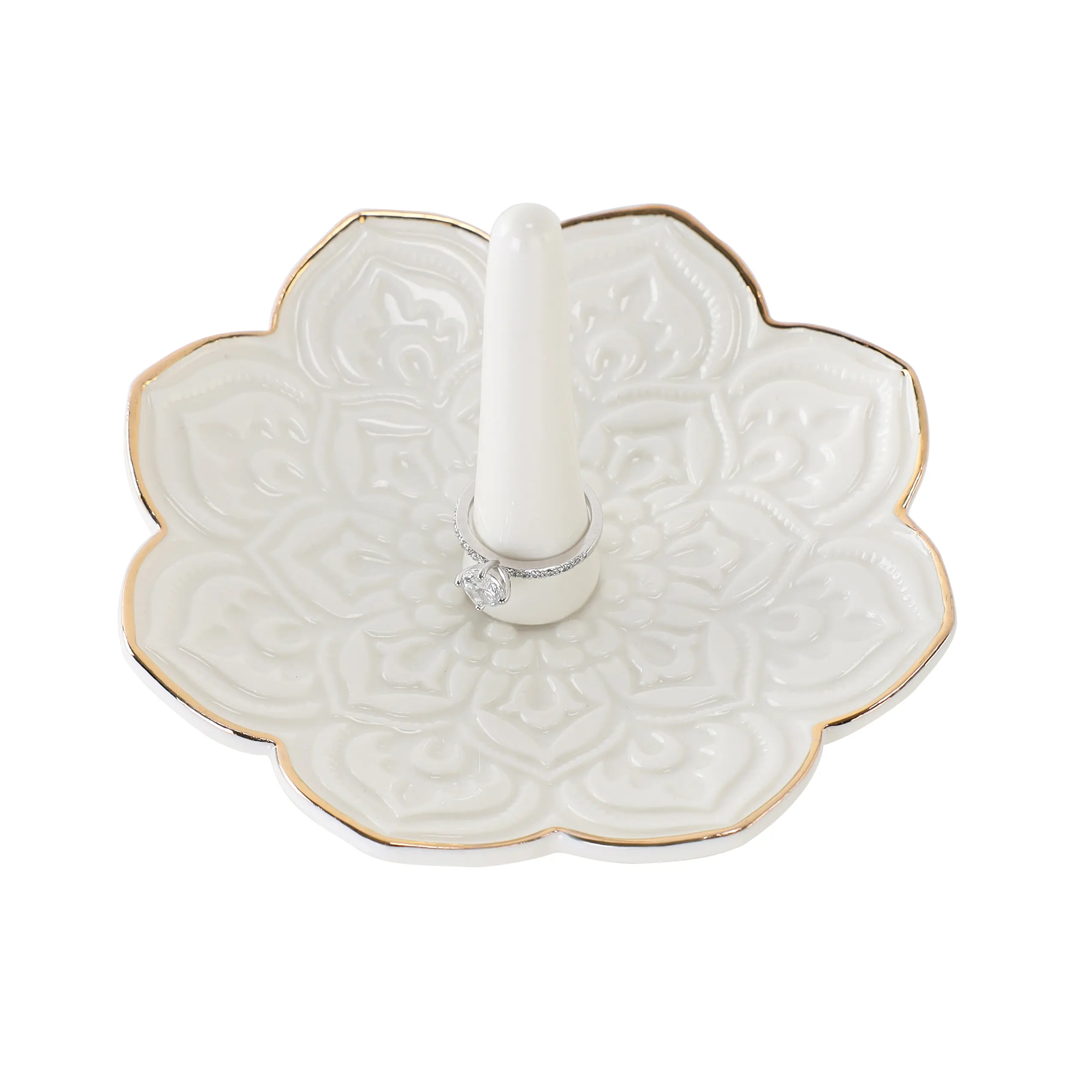 HOME SMILE Ceramic White Mandala Ring Holder,Decorative Jewelry Dish Tray, Engagement Wedding Birthday Valentines's Day Gifts for Women