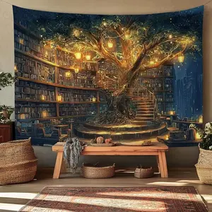Magic Tree & Library Design Wall Tapestry, Living Room Bedroom Dorm Home Decor, Large Space Aesthetic Hanging Art Background Cloth