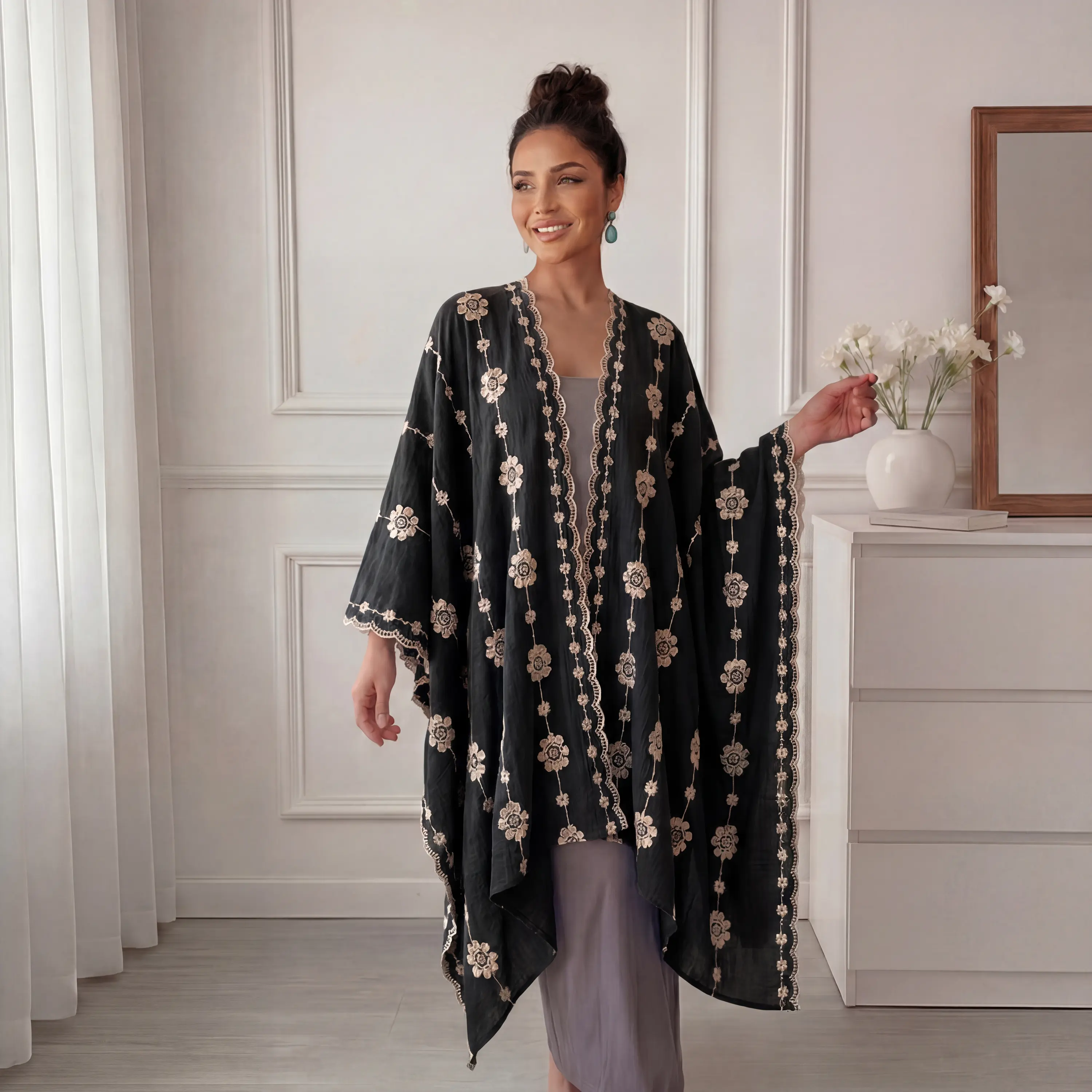 Bohemia Elegant Vine Daisy Embroidery Kimono Cover Up, Breathable Lightweight Batwing Sleeve Lace Trim Open Front Cardigan, Versatile Outerwear for Beach, Poolside & Daily Outfits