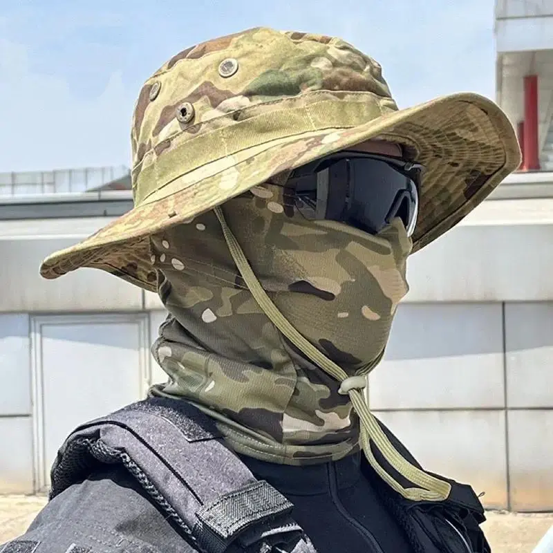 Camouflage round brim hat headset outdoor mountaineering bucket hat drawstring windproof benny hat travel mountaineering fishing hat