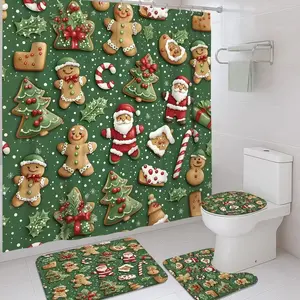 Christmas Santa Gingerbread Tree Curtain Set, Non-Slip Mat, U-Shaped Rug, Toilet Lid Cover, Perfect for Bathroom Decor, Includes 12 Hooks