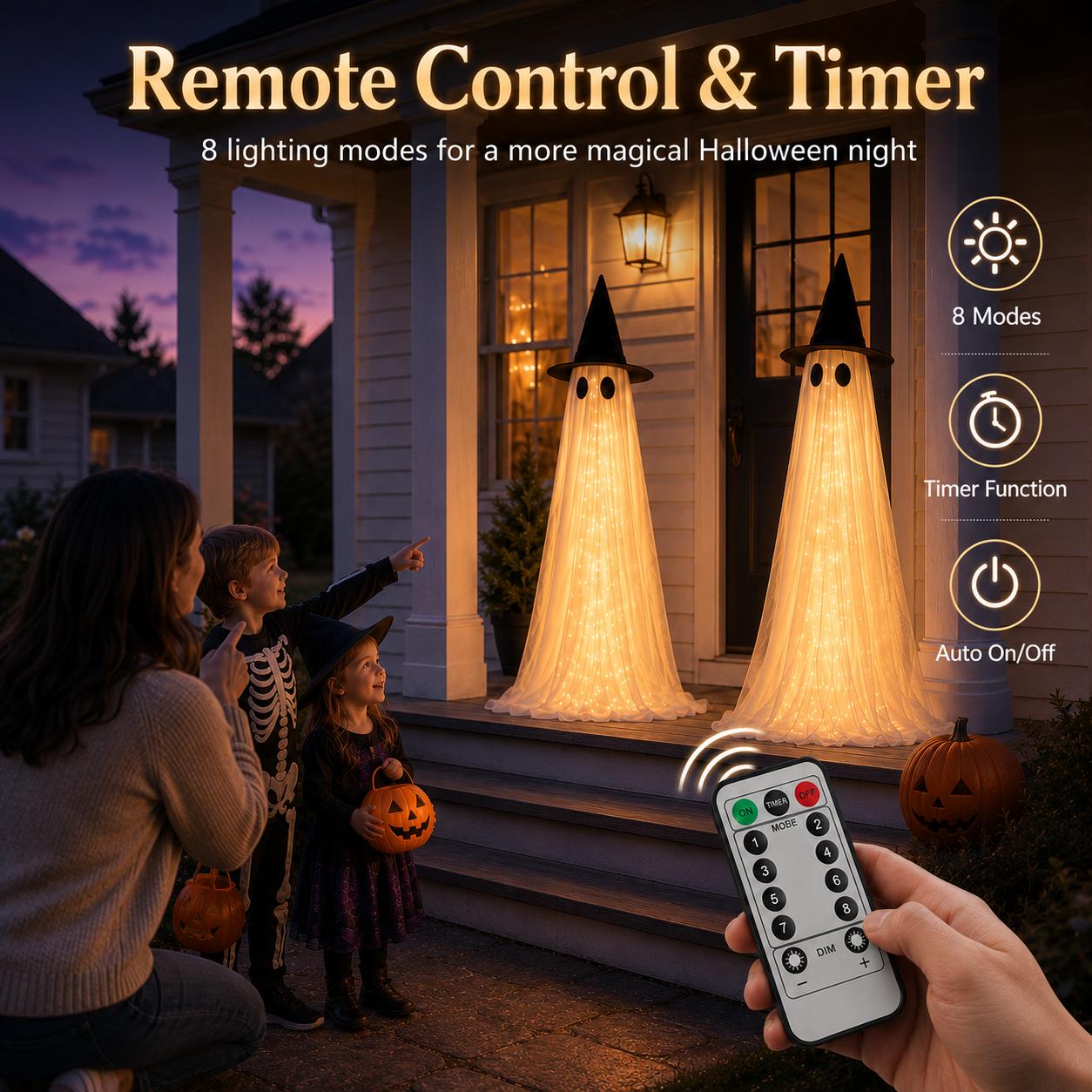 2Packs Halloween Decorations Outdoor, Halloweens Party Decoration Indoor, Spooky Ghost With Remote Control String Lights, Halloween-Ghost Lights For Porches Yards Gardens Lawn