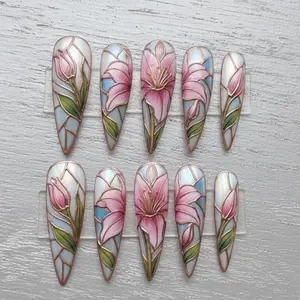 Pink Lily 3D Blossom Stained Glass Press On Nails, Hand Painted Floral Nail Art, Glossy Spring Summer Manicure, Reusable Luxury Nail Set