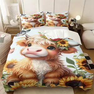 2pcs/3pcs Grassland Animal Bedding Set, Cute Highland Cow Pattern Duvet Cover Set, Floral Quilt Set, Floral Bedding Sets, Decorative Bedding Set, Suitable for Girls' and boy Bedroom Bed Decoration, Including 1 Comforter Cover and 1/2 Pillowcase