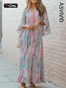 Women's All Over Paisley Print Button Front Ruffle Hem A Line Dress, Boho Fashion Drawstring V Neck Long Sleeve Dress for Daily Holiday Vacation Wear, Women Dress for All Seasons, Wedding Guest Dresses