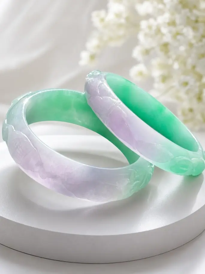 Natural Carved Lavender-Green Jade Bangle, Handcrafted Jade Bracelet for Jewelry Enthusiasts