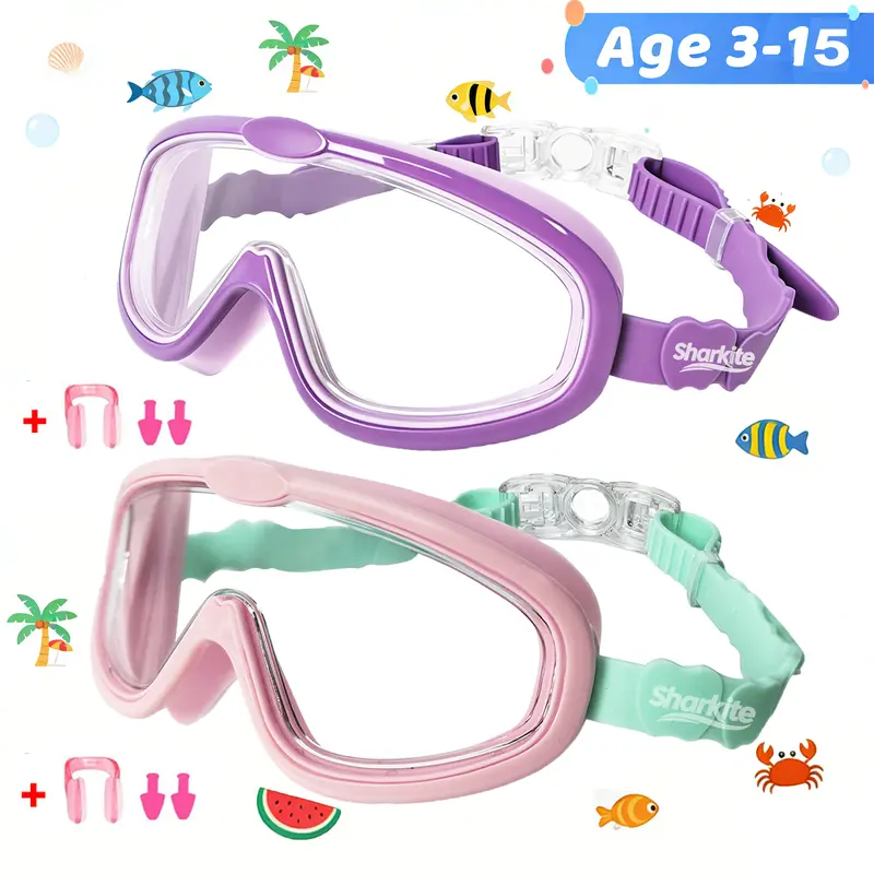 Sharkite Ergonomically Designed Outdoor Swim Goggles (1 Pack) - Wide Vision, Anti-Fog Lens, UV Protection, Waterproof, 0 Leakage for Easy Lessons, Full Silicone Frame, Adjustable Band, Nose Clip Swimming Accessories for 3-15 Yrs Boys & Girls
