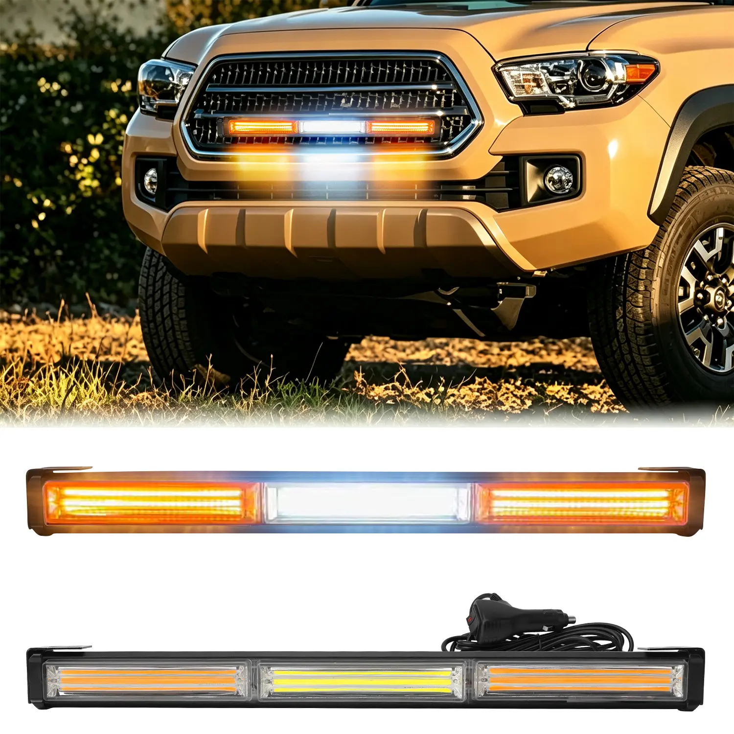 Universal 3‑Section COB LED Strobe Warning Light Bar, High‑Visibility Flashing Emergency Safety Light, Amber / White‑Amber, 12‑24V for Most Vehicles