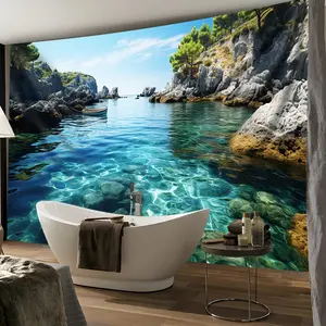 Large Ocean Mountain Blue Sky Landscape Photo Backdrop Rug, Polyester Wall Hanging Tapestry for Living Room Bedroom Party Decor