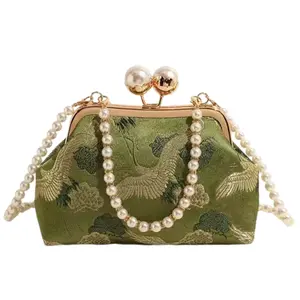 2026 Retro Green Fabric Faux Pearl Chinese Style Chain Clutch, Cute Women Versatile Handbag Shoulder Bag Crossbody Purse Elegant Pearl Bag for Party and Daily Use