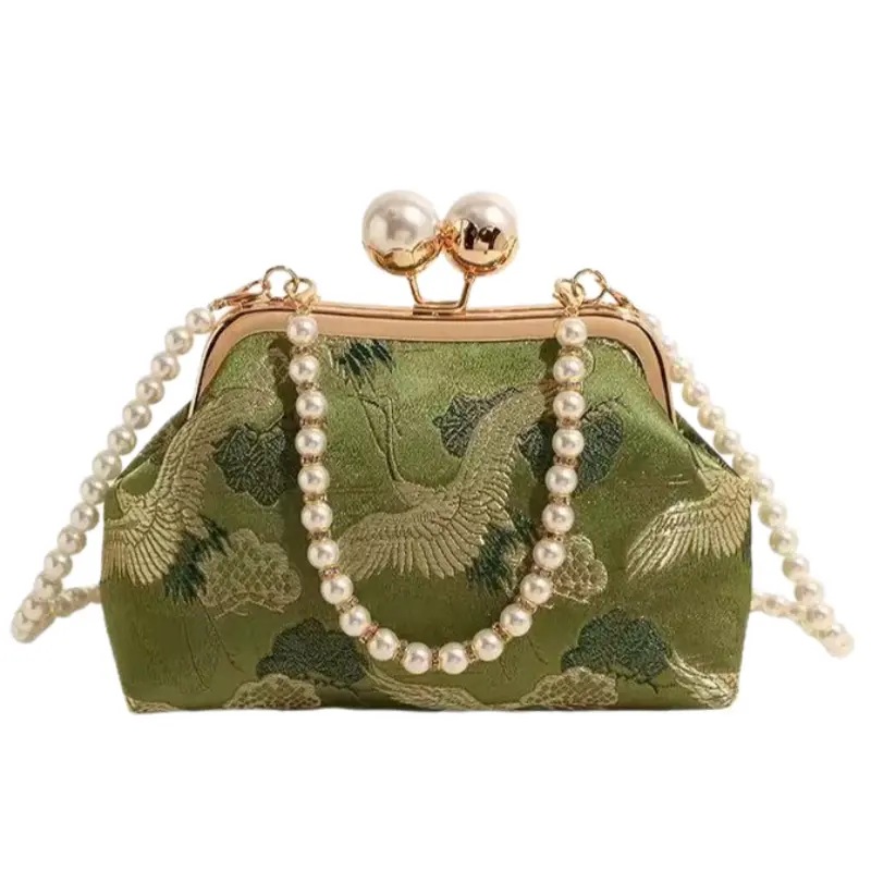 2026 Retro Green Fabric Faux Pearl Chinese Style Chain Clutch, Cute Women Versatile Handbag Shoulder Bag Crossbody Purse Elegant Pearl Bag for Party and Daily Use
