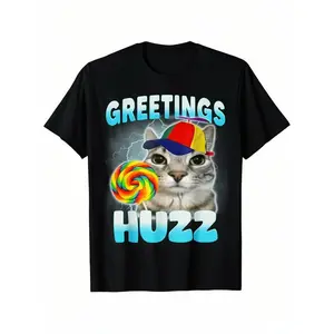 100% Cotton Greetings Huzz Funny Gen Z Gen Alpha Slang Meme T-Shirt - Casual Crew Neck Cotton T-Shirt