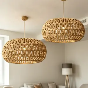 Bohemian Handmade Woven Drum Light Shade, Ceiling Pendant Lamp Cover, Universal Weaving Lightshade, Dining Room Living Room Bedroom Decor