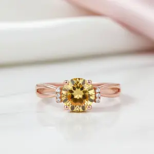 14k Rose Gold Floral Yellow Citrine Natural Diamond Option Ring