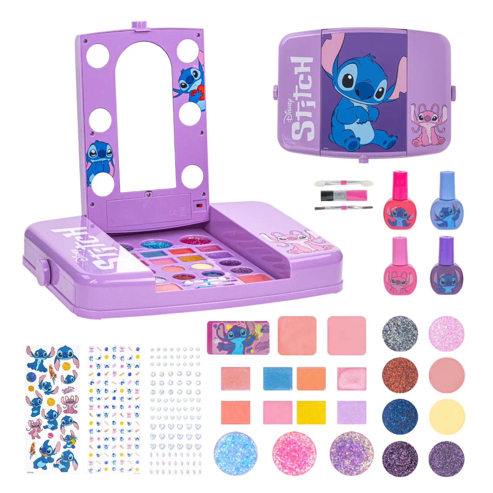 Disney Glitter Makeup Kit Set - Compact Beauty Vanity with Light-Up Mirror, Cosmetic Sheet, Lip Gloss for Glossy Lips, Eye Shadow, Brushes, Nail Polish & More - Teen Girls’ Party Favors Kids Stuff by Townley Girl, Nails, Girlset, Mini Gift Sets, Stocking,