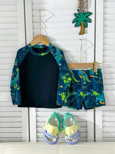 Boys Dinosaur Print Swimwear Set, Long Sleeve Sun Protection Quick Dry Two-Piece Swimsuit, Casual All Season Clothing