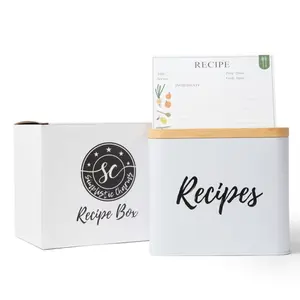Supplies to Cherish Simplistic Charms Recipe Box Kitchen Organiser Tin Decor with Wooden Lid 100 Recipe Cards & Protectors Colorful Containers Metal Utensils Handy Set Canister