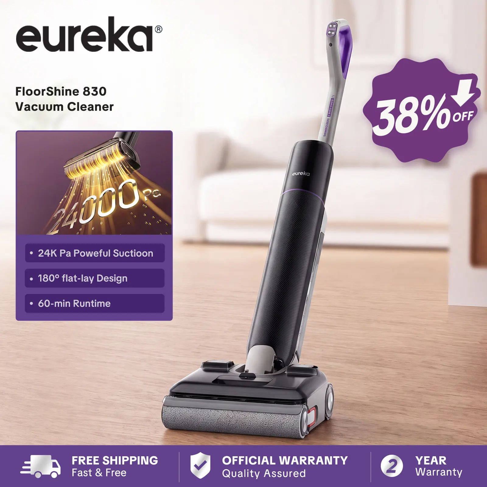 Eureka FloorShine 830 Vacuum Cleaner 24000Pa, Cordless Floor Scrubber Flat Design 180° 13.7 cm, Anti-Tangle, Edges on 3 Sides, for Houses with Animals, 60 Min Autonomy