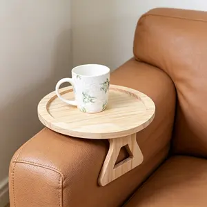 Natural Wood Color Foldable Sofa Armrest Tray, Round Portable Couch Arm Table, Ideal for Home Living Room, Easy to Carry