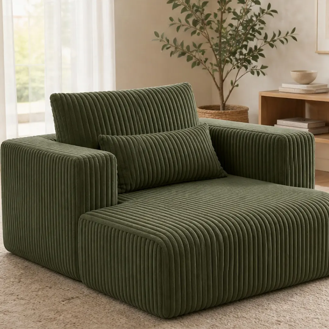 Corduroy 1-Seater Convertible Sofa Bed - 62.6"x48.23" Compressed Indoor Couch, Modern Lounge Furniture, Boneless Loveseat Couch, Frameless Floor Sofa Lounge, Soft Skin-Friendly Fabric with 2 Lumbar Pillows for Living Room/Bedroom (Green/Grey Options)