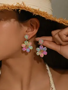 Handwoven Multicolor Raffia Flower Drop Earrings, Rainbow Floral Boho Statement Earrings for Women, Lightweight Design, Perfect for Summer, Beach Vacations, Festivals, Parties & Daily Wear, Trendy Handcrafted Jewelry