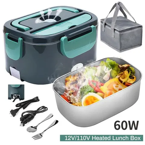 Lunch Box Food Warmer, 1.5L 2-in-1 Portable Heated Lunch Box for Car Truck Home Work Adult Food Heating, 110V/12V/24V 60W, New Year Gift BlackFridayGift