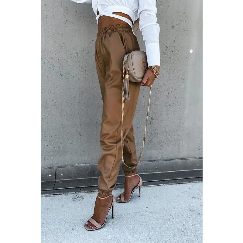 PU Leather Sweatpants - Khaki