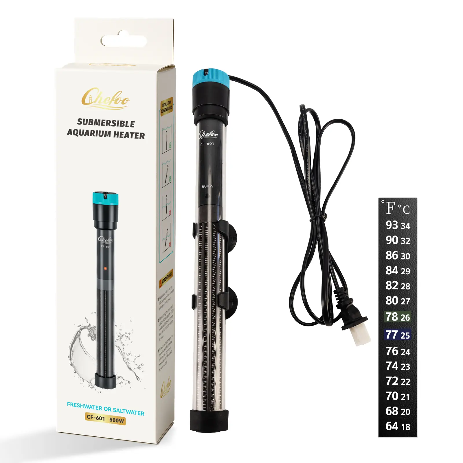 Chefoo 110V Quartz Glass Submersible Aquarium Heater - 100W-500W, 65℉ to 93℉ Temp Control, External Digital Display Ctrl, Overheat Protection, Accurate Sensor, Free Thermometer for 10-30 Gal Betta Tanks, Freshwater-Saltwater Safe Heat
