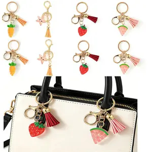 8 PCS Cute Fruit Keychains for Women Girls, Strawberry Watermelon Carrot Starfish Tassel Charm Key Rings, Aesthetic Resin Keychain Purse Bag Backpack Car Key Pendant Accessories